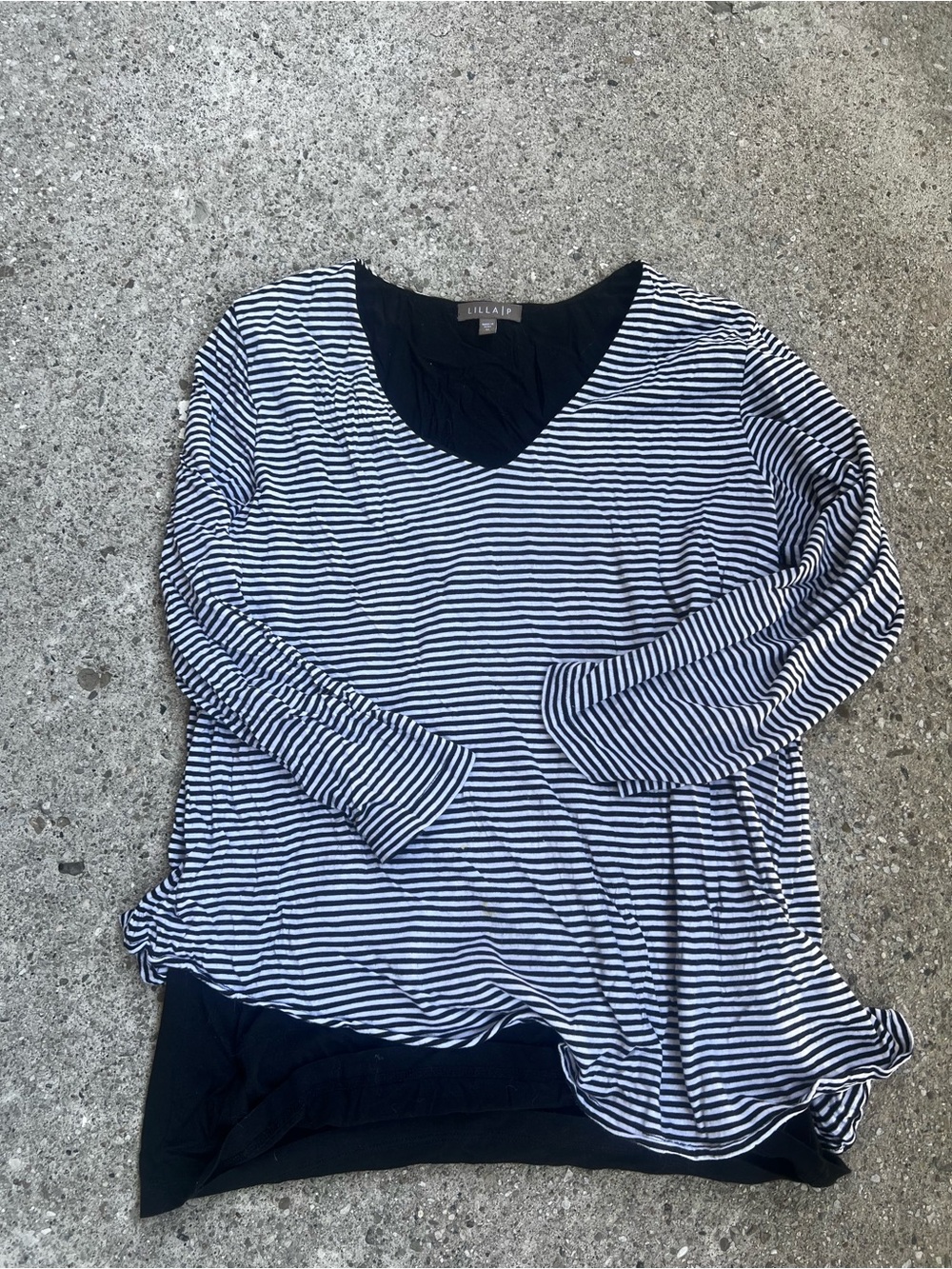 Lilla P Navy and White Striped Long Sleeve V-Neck Layered Top